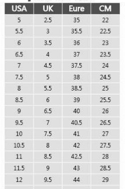 Size giày Reebok Size giày Reebok