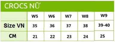 Bảng Size giày Crocs nữ Bảng Size giày Crocs nữ