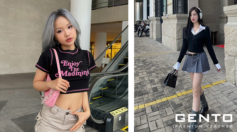 Kết hợp áo croptop và mini skirt Kết hợp áo croptop và mini skirt