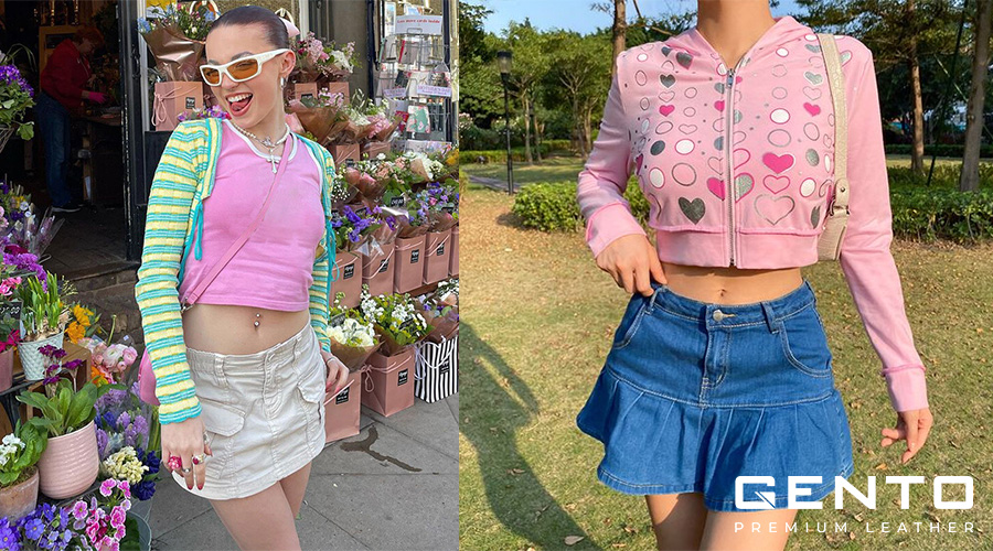 Áo khoác nỉ ngắn và chân váy jeans Áo khoác nỉ ngắn và chân váy jeans