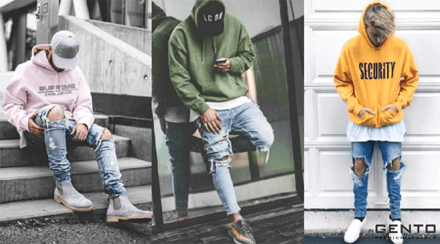 Phối đồ sweater rộng nam với quần jean rách Phối đồ sweater rộng nam với quần jean rách
