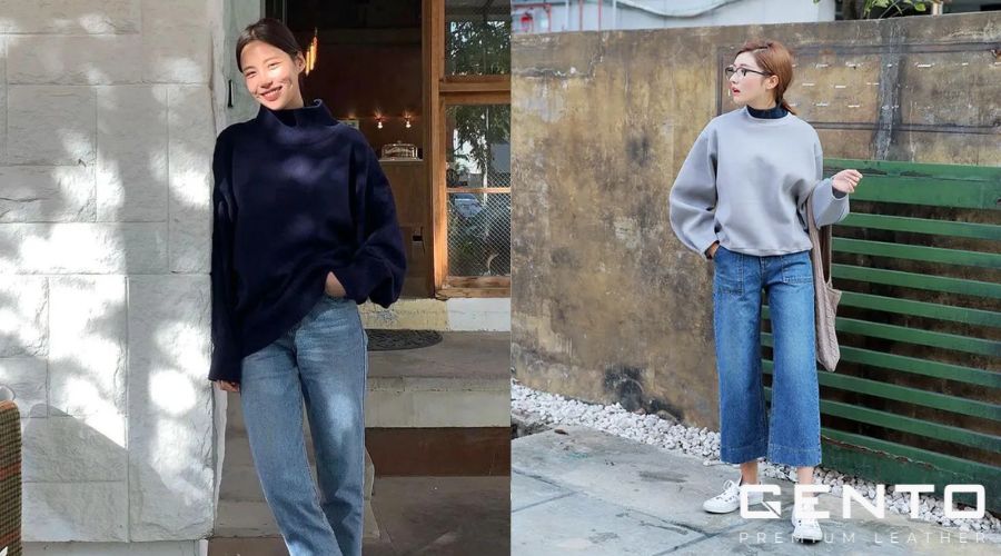 Diện áo sweater và quần jeans ống suông vào những ngày thời tiết lạnh Diện áo sweater và quần jeans ống suông vào những ngày thời tiết lạnh