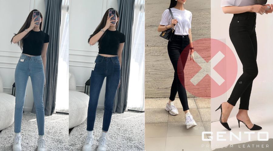 Quần skinny tối màu khiến phần hông trông hẹp và mất cân đối Quần skinny tối màu khiến phần hông trông hẹp và mất cân đối