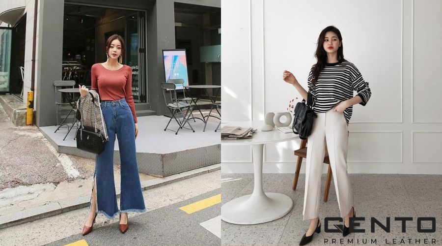 Giày Slingback phối với áo phông và quần jeans Giày Slingback phối với áo phông và quần jeans