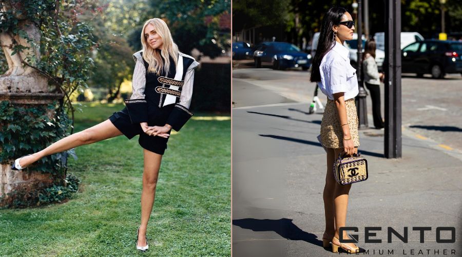 Outfit sành điệu với giày slingback, quần short và áo kiểu Outfit sành điệu với giày slingback, quần short và áo kiểu