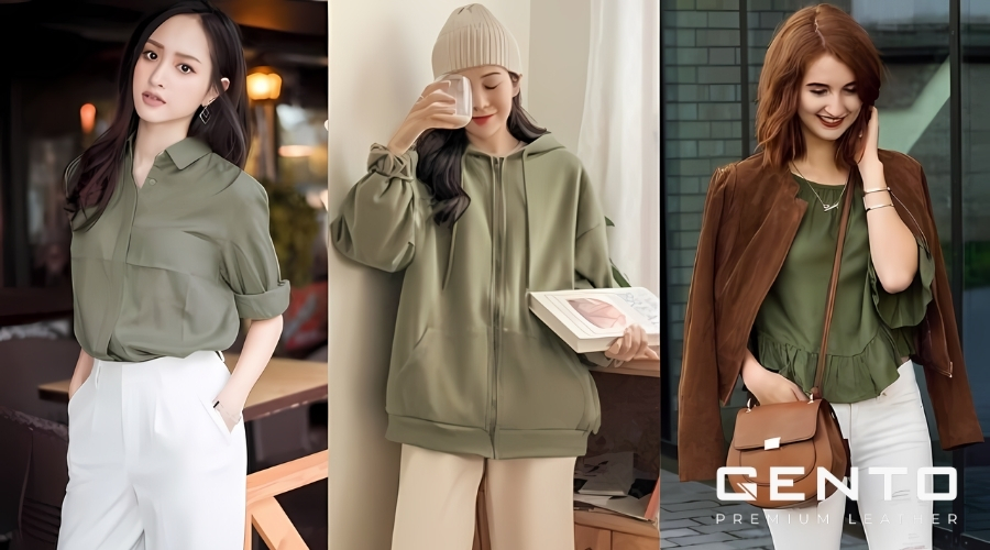 Áo xanh rêu phối quần tây trắng/đen Áo xanh rêu phối quần tây trắng/đen